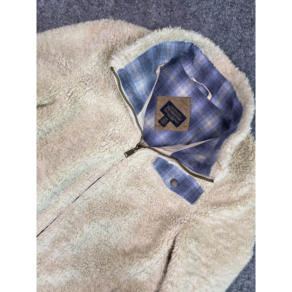 Pendleton Fleece Jacket Womens Medium Cream Plaid Trim Sherpa Full Zip Mock Neck